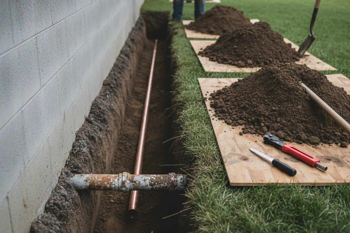 Excavated water line trench during Water Softener Installation in Moorestown